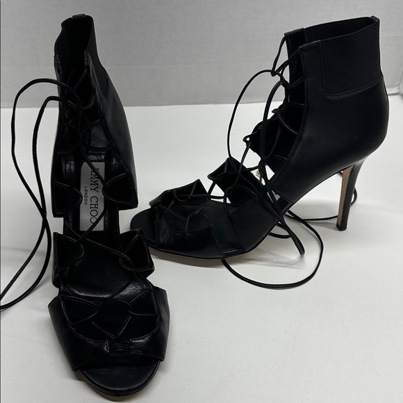 Jimmy Choo Shoes - Jimmy Choo Heels Caged Lace Up Open Toe High Heeled Shoes Leather Black Size 7.5